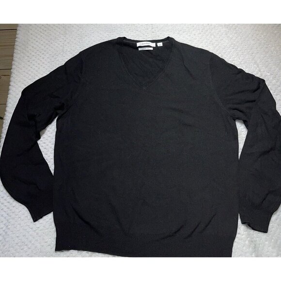Calvin Klein 100% Extra Fine Merino Wool Sweater Size Large Black V-Neck Luxury - Picture 1 of 8